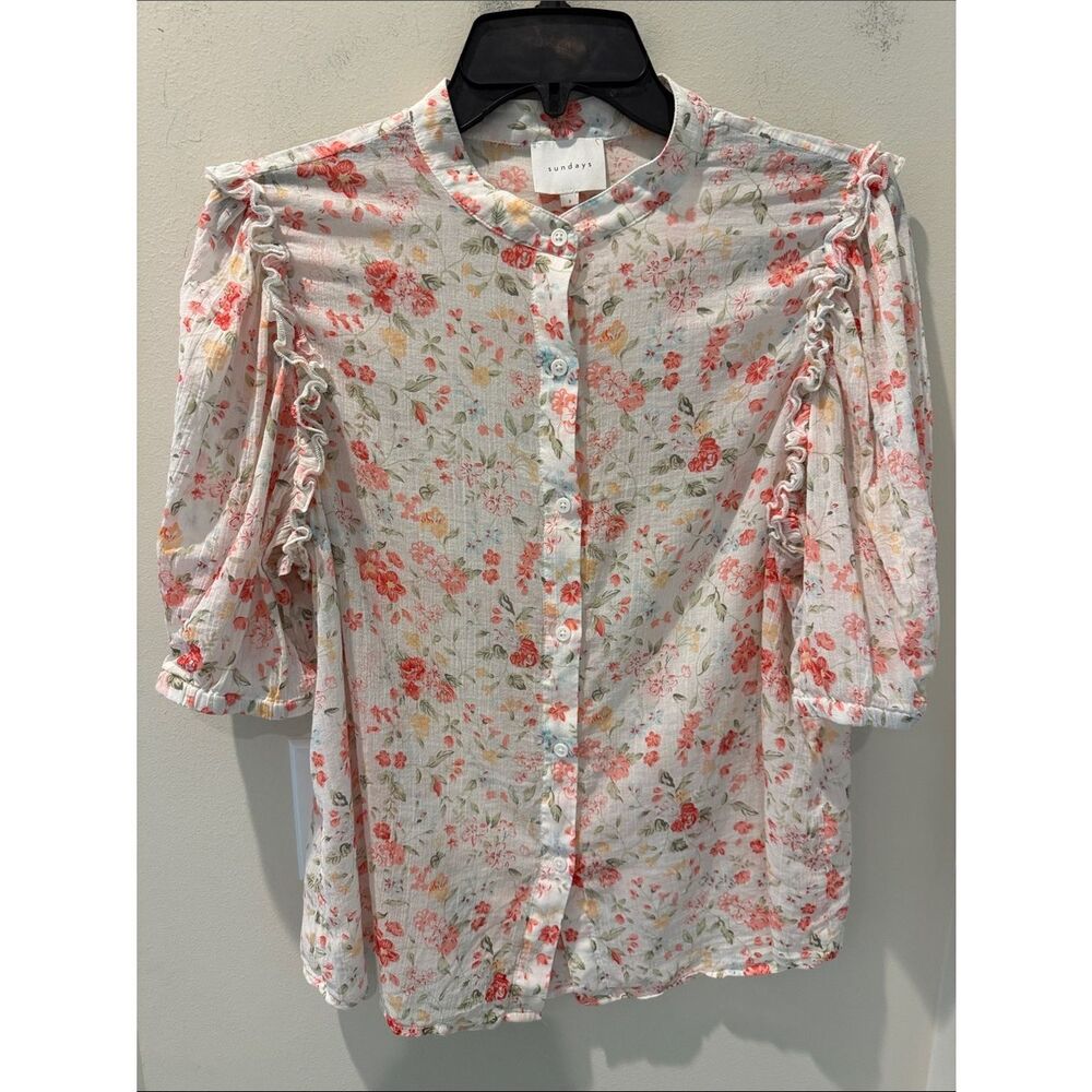 sundays Gauze Cream  Blouse with Pink & Coral Floral Print puff ruffle sleeves M